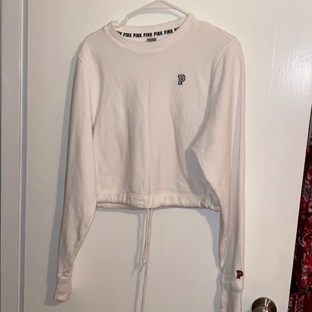 Pink cropped collegiate crew neck sweatshirt